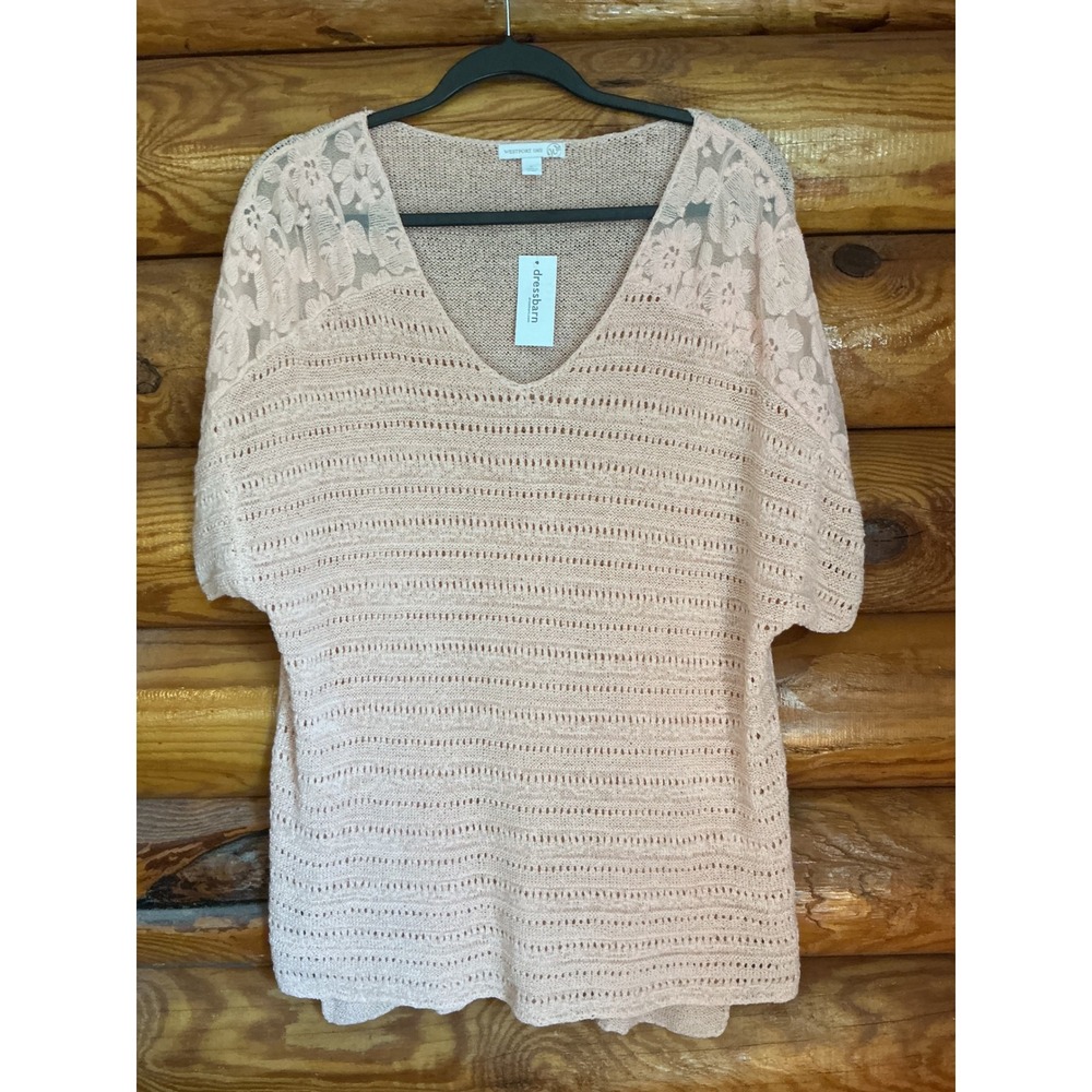 Westport 1962 Dressbarn Pink Lace Shoulder Pointelle Knit Sweater Top Large NWT